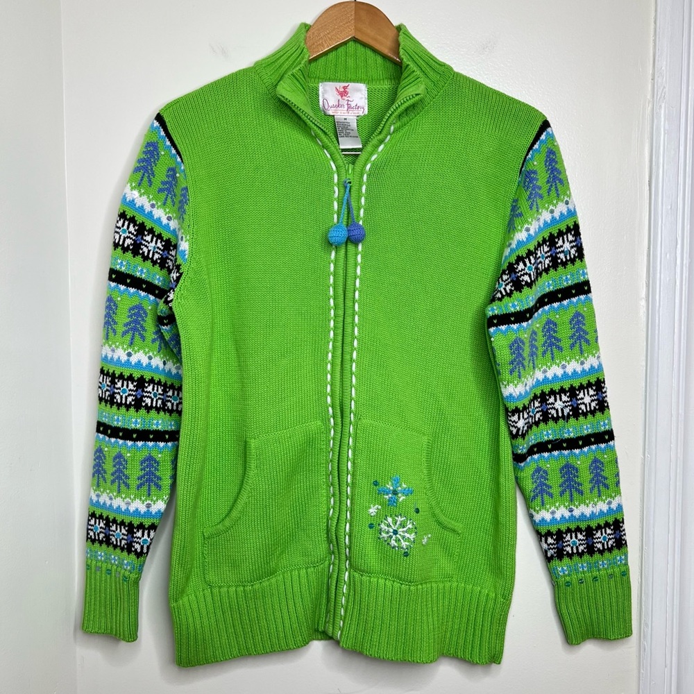 VTG Quacker Factory Zip Up Sweater Woman’s Size Medium Bright Green Snowflake